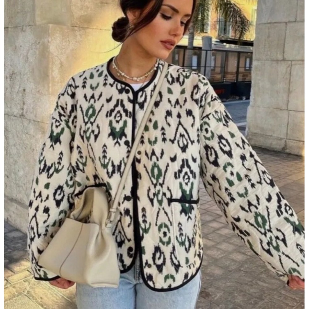 Zara Ikat Print Quilted Jacket Green Navy Blue Cream Size Large